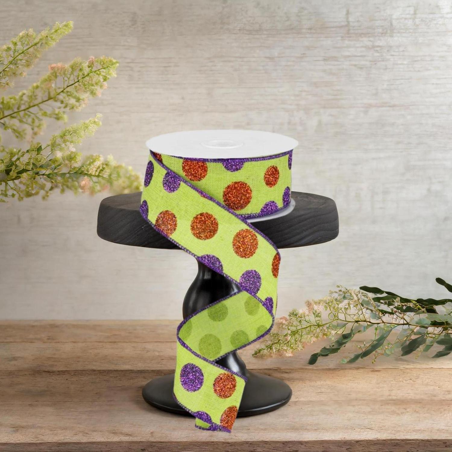 1.5" Lime Green Ribbon with Multi Glitter Dots