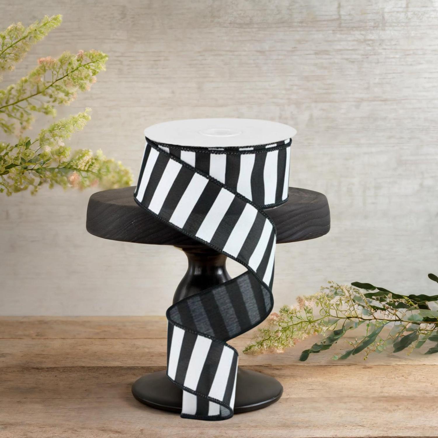 1.5" Medium Horizontal Stripe Ribbon: Black & White (10 Yards)