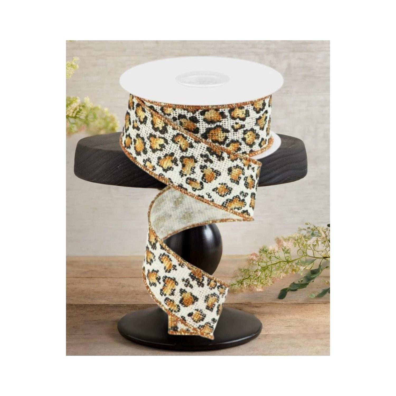 1.5" Metallic Leopard Print Burlap Ribbon: Off White (10 Yards)