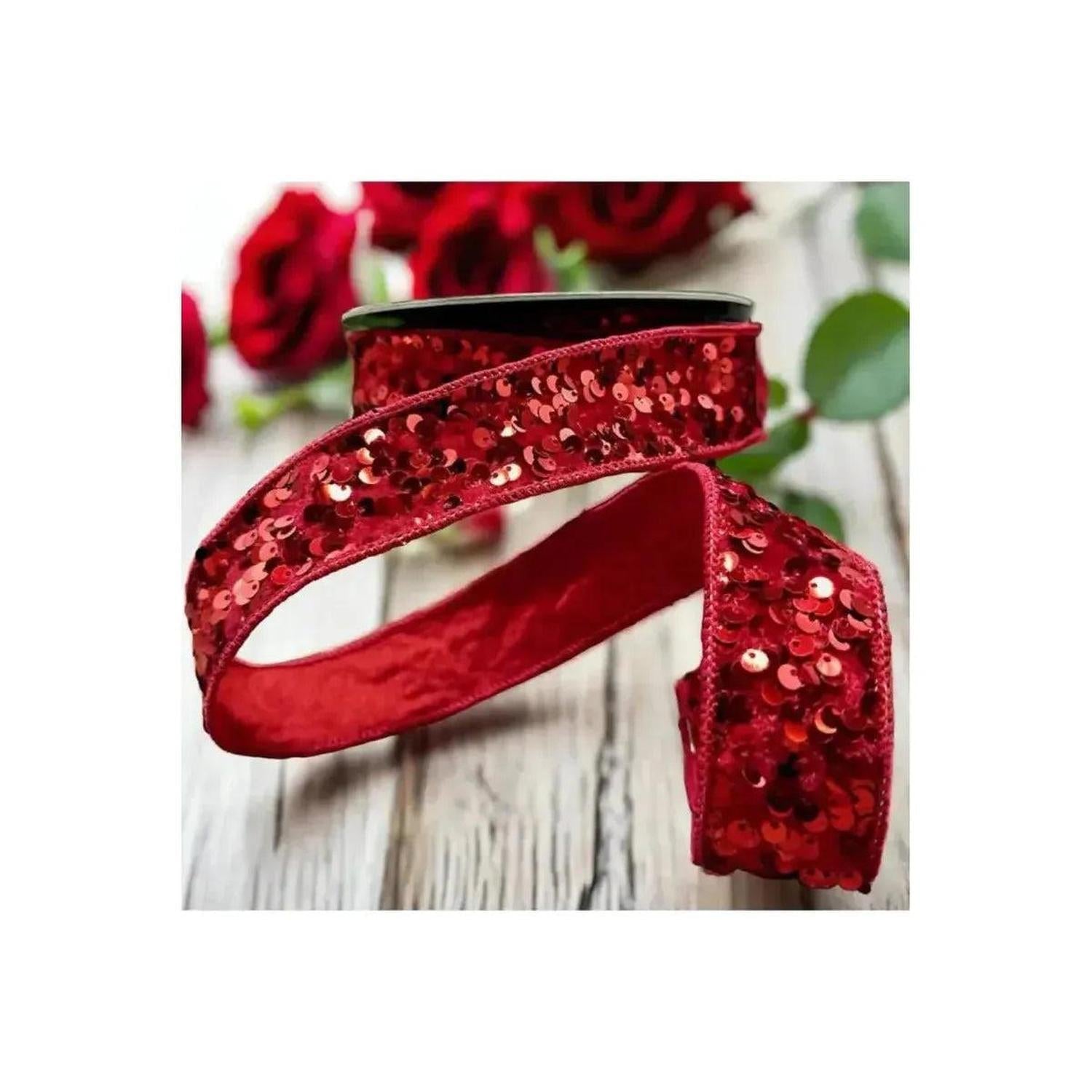 1.5" Metallic Sequin Ribbon: Red (10 Yards)