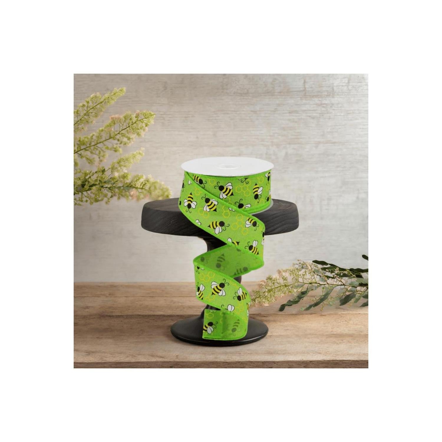 1.5" Mini Bumblebees on Royal Ribbon: Lime Green (10 Yards)