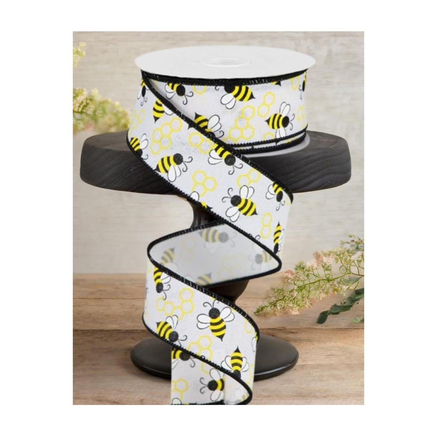 1.5" Mini Bumblebees on Royal Ribbon: White (10 Yards)