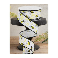 1.5" Mini Bumblebees on Royal Ribbon: White (10 Yards)
