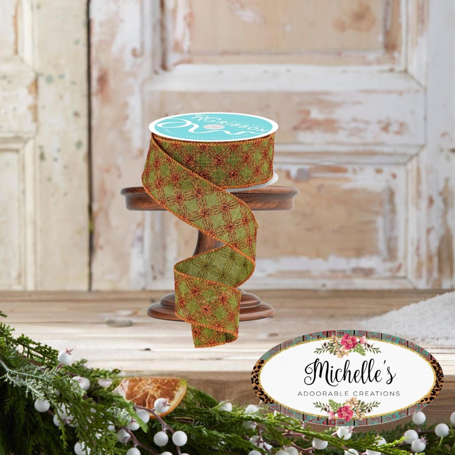 1.5" Multi Circles and Dots Ribbon: Green/Copper (10 Yards)