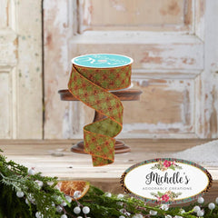1.5" Multi Circles and Dots Ribbon: Green/Copper (10 Yards)