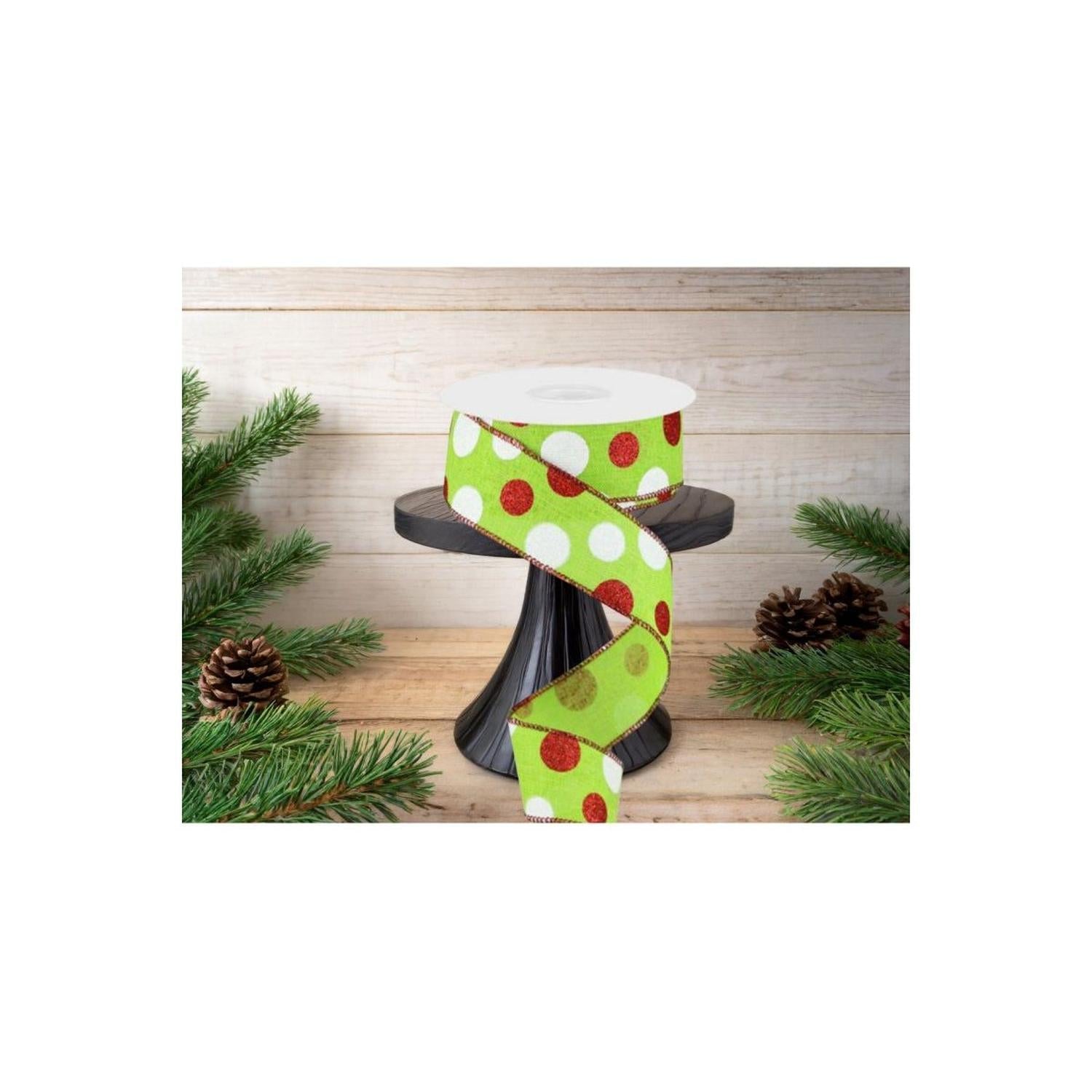 1.5" Multi Glitter Dots Ribbon: Lime Green, Red, White (10 Yards)