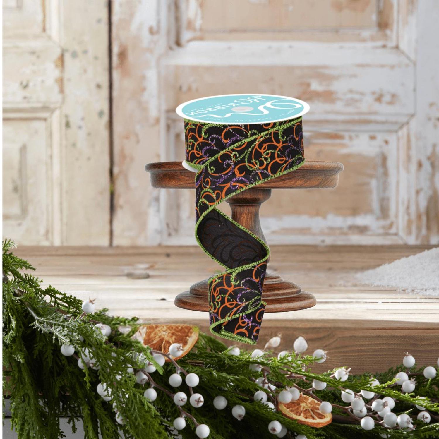 1.5" Multi Swirls Glitter Ribbon: Black/Orange/Purple/Lime (10 Yard)