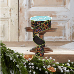1.5" Multi Swirls Glitter Ribbon: Black/Orange/Purple/Lime (10 Yard)
