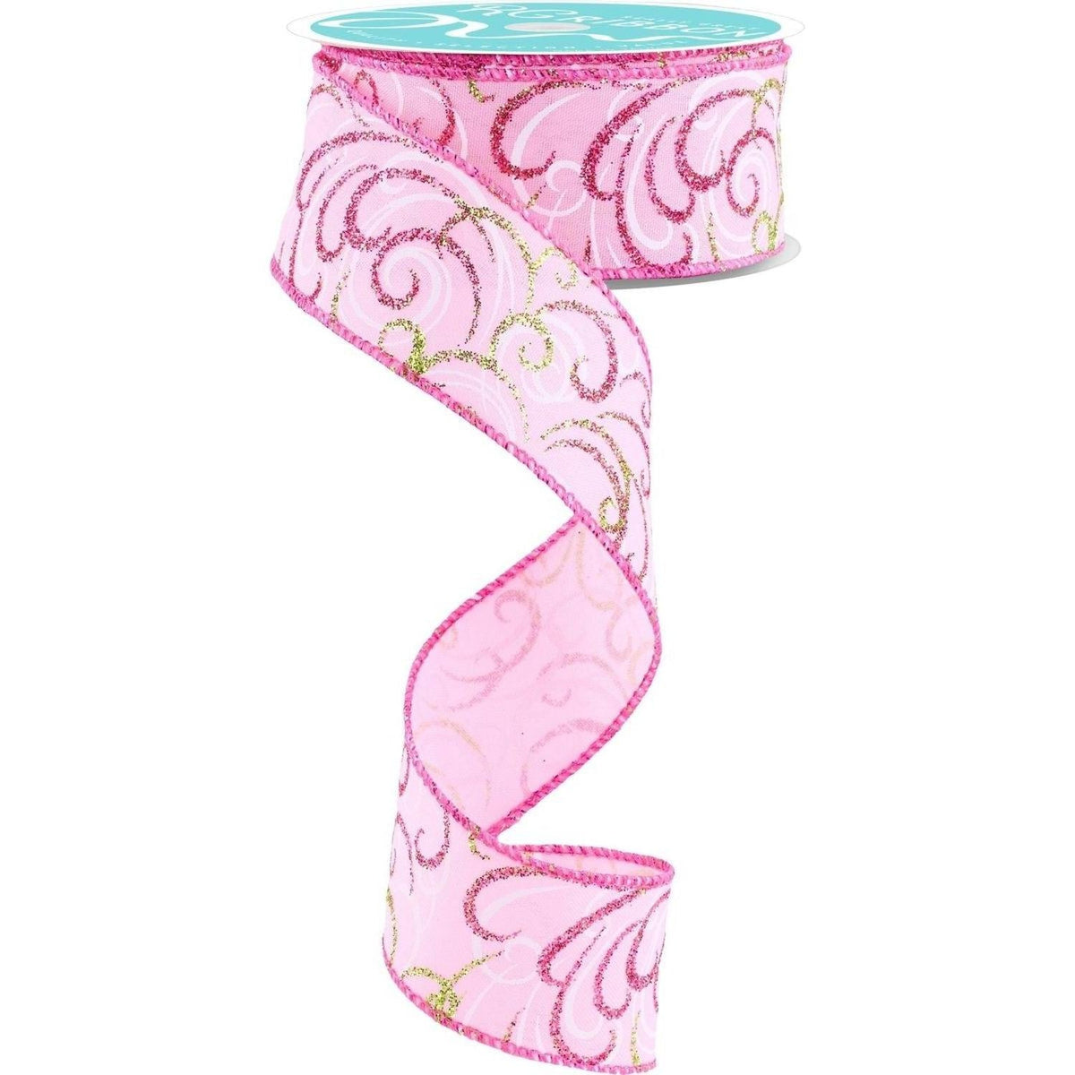 1.5" Multi Swirls Glitter Ribbon: Light Pink/Lime/White (10 Yard)