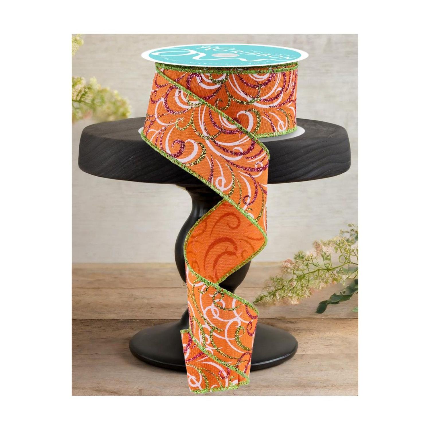 1.5" Multi Swirls Glitter Ribbon: Orange/Pink/Lime (10 Yard)
