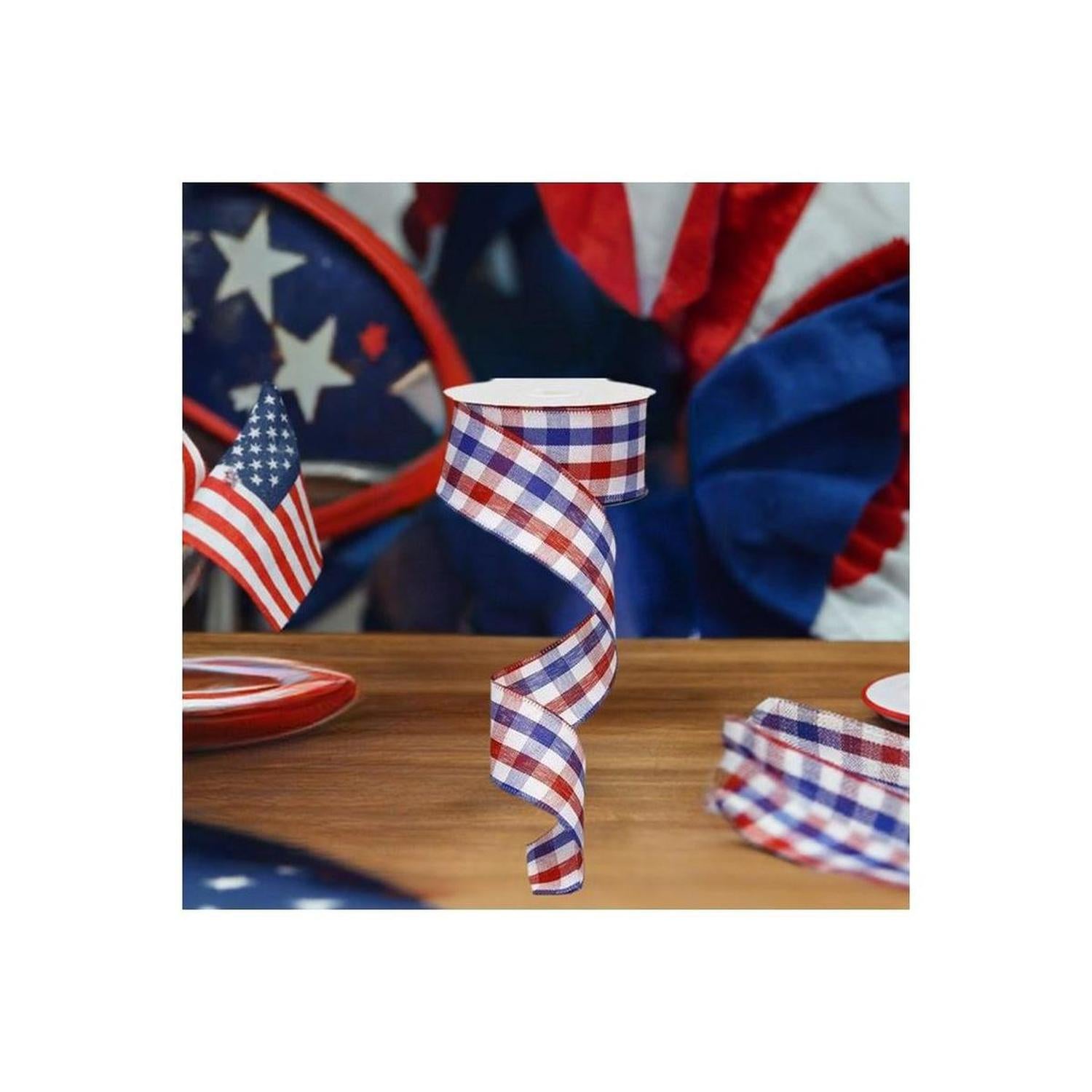 1.5" Patriotic Gingham Plaid Ribbon: Red, White & Blue (10 Yards)