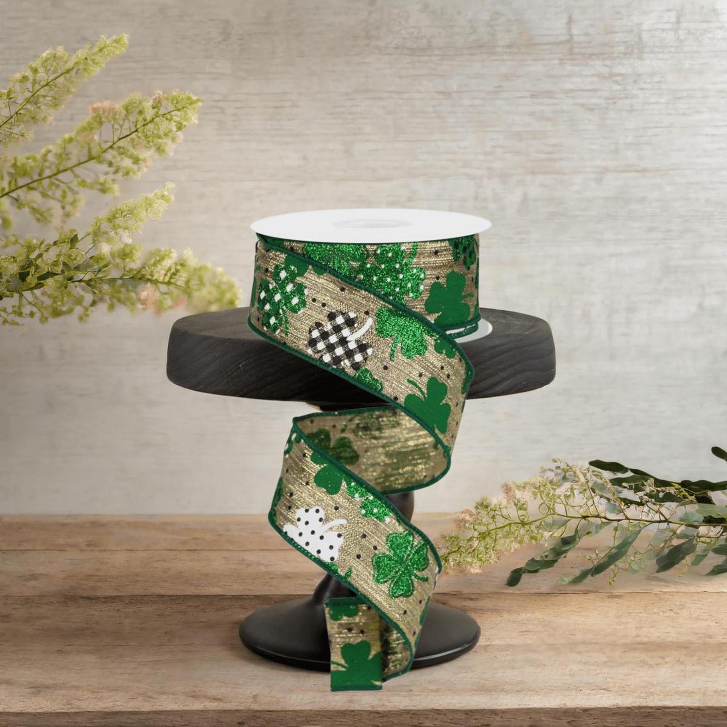 1.5" Pattern Shamrock Ribbon: Gold (10 Yards)