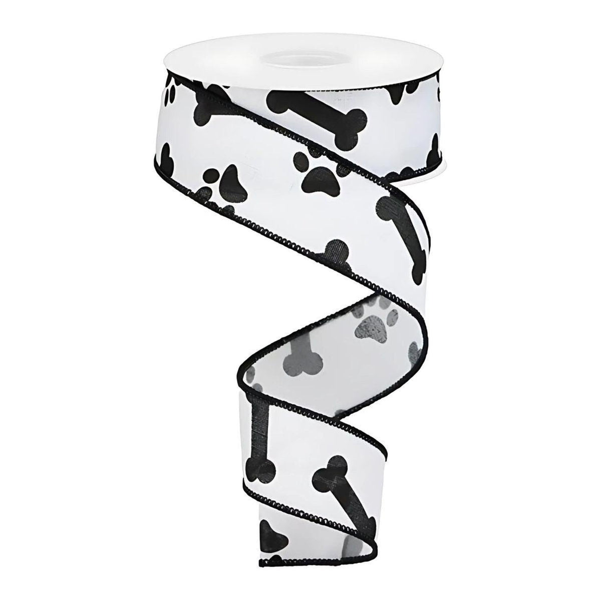 1.5" Paw Print Royal Ribbon: White & Black (10 Yards)