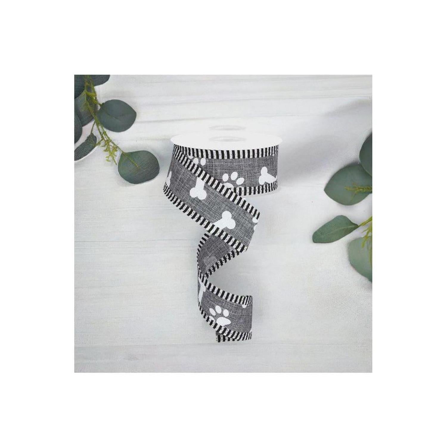 1.5" Paw Print Thin Stripes Ribbon: Grey (10 Yards)