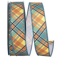 1.5" Plaid Nelson Diagonal Ribbon: Turquoise (20 Yards)