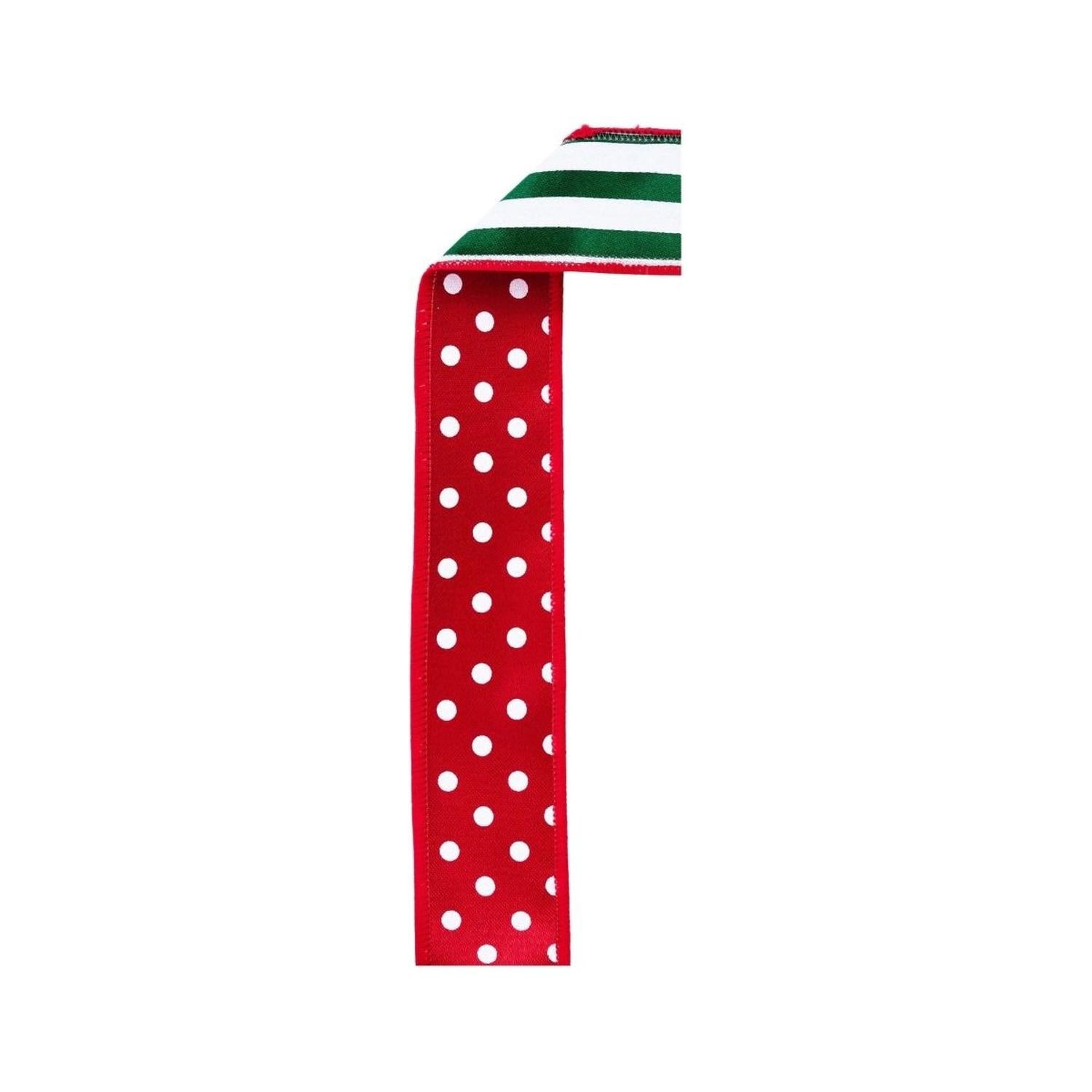 1.5" Polka Dot Striped Fused Ribbon: Red/Green/White (10 Yards)