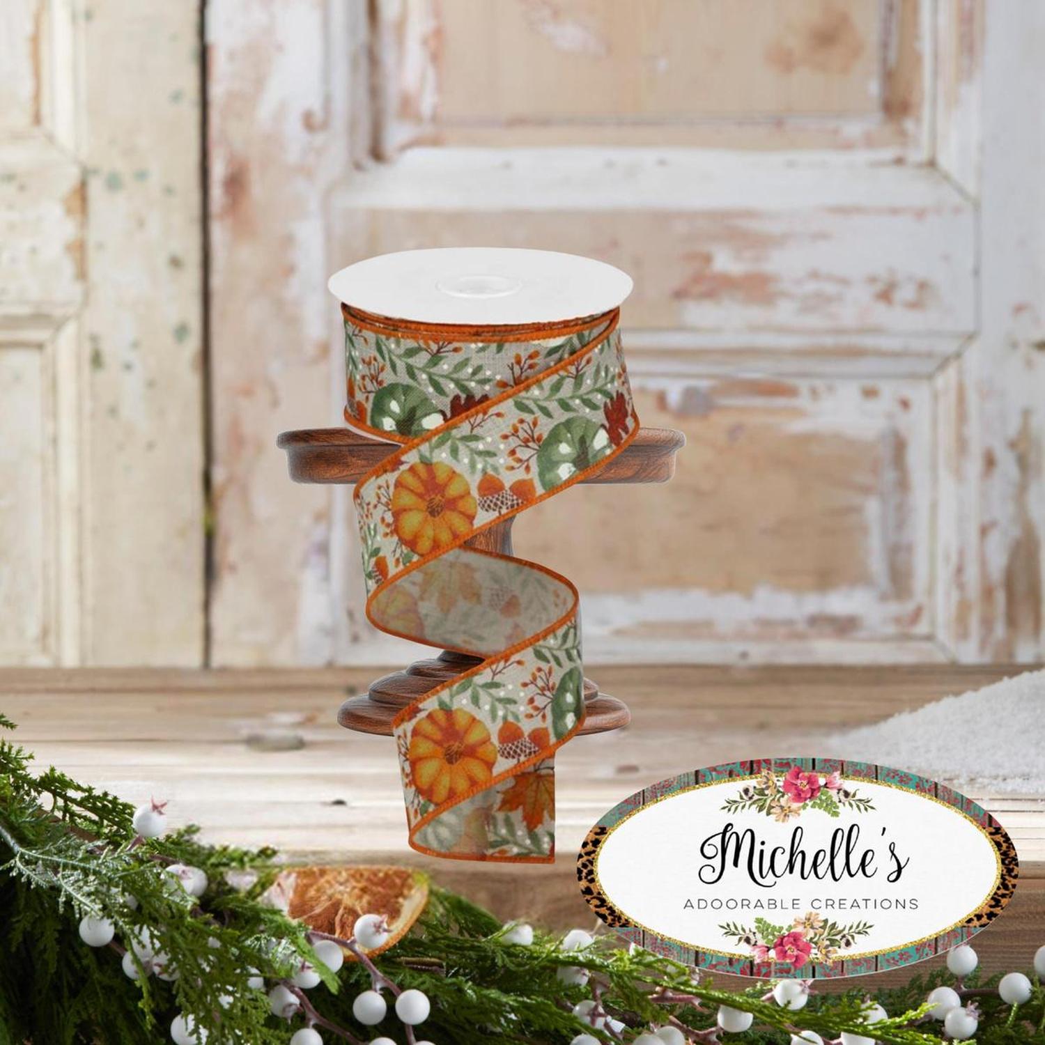 1.5" Pumpkin Foliage Ribbon: Light Natural (10 Yards)
