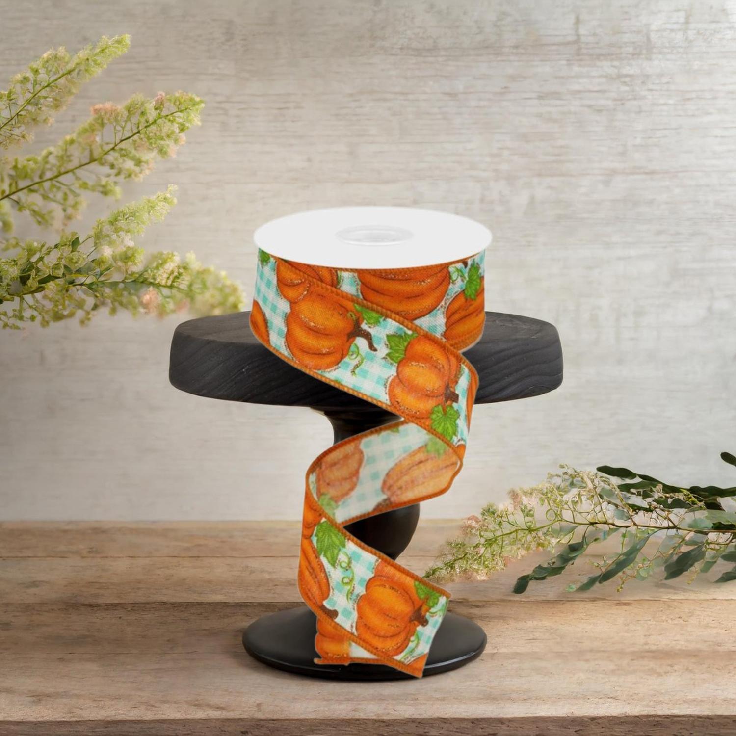 1.5" Pumpkin Patch Ribbon: Turquoise Check (10 Yards)