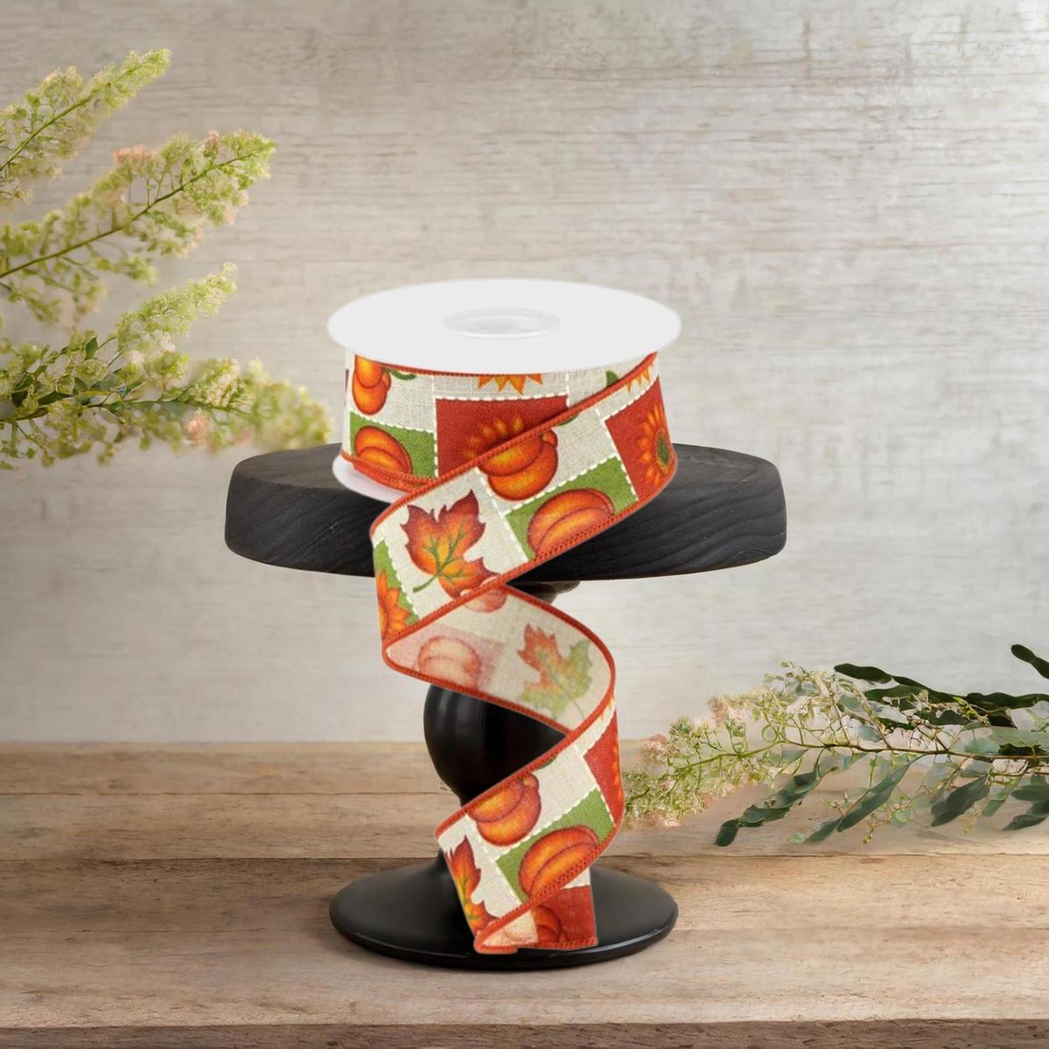 1.5" Pumpkin Sunflower and Maple Leaf Ribbon: Lt Natural (10 Yards)