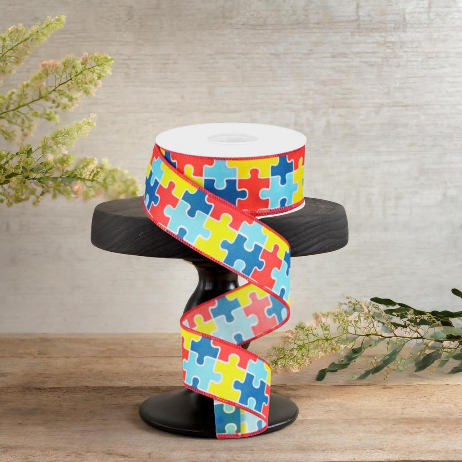 1.5" Puzzle Piece Ribbon: Autism Awareness (10 Yards)