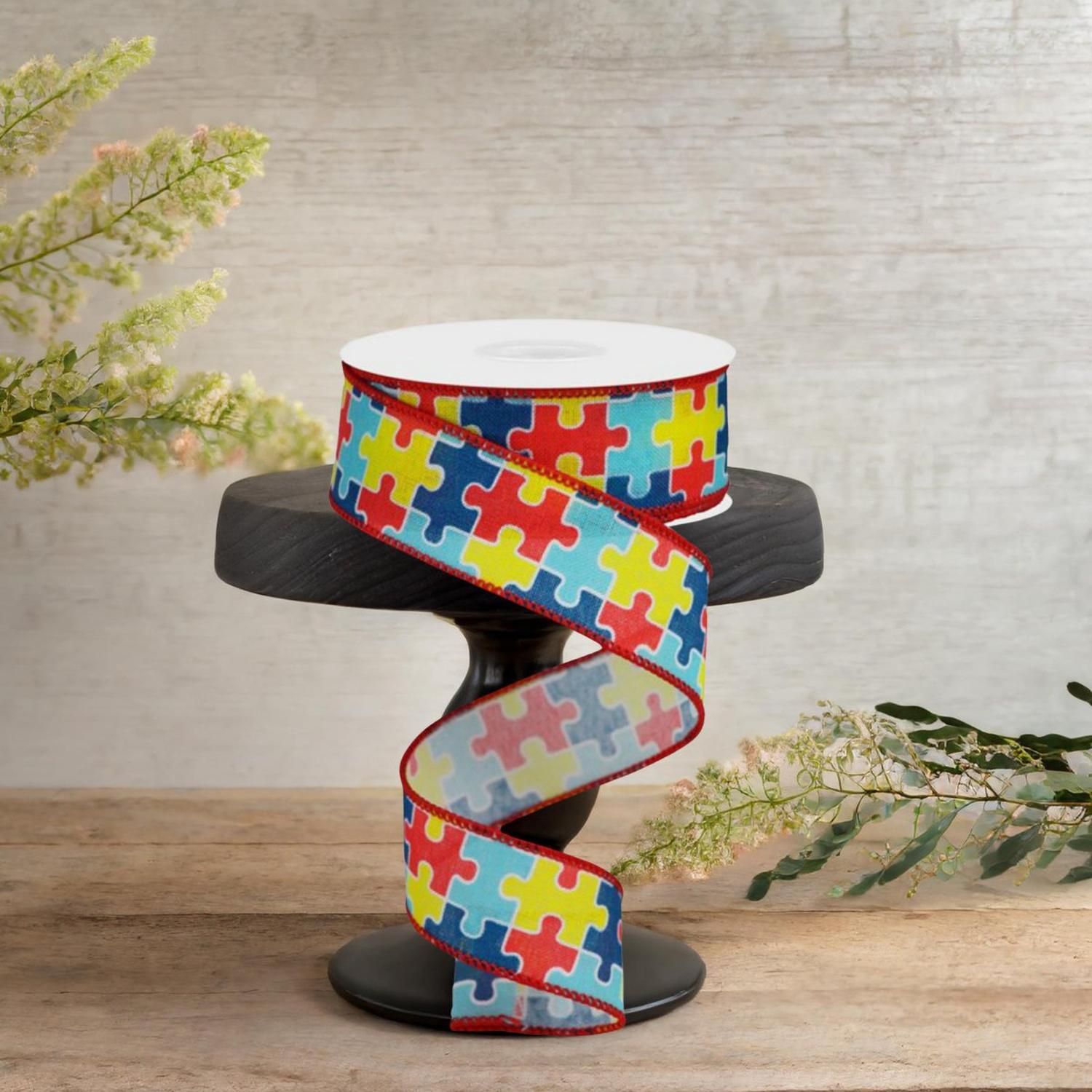 1.5" Puzzle Piece Ribbon on Royal: Autism Awareness (10 Yards)