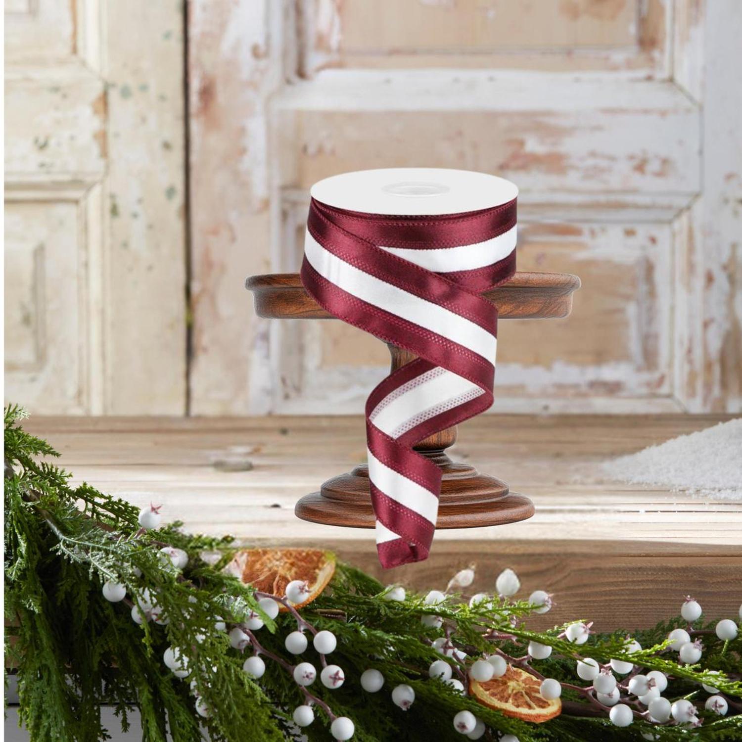 1.5" Satin Team Stripe Ribbon: Maroon & White (10 Yards)