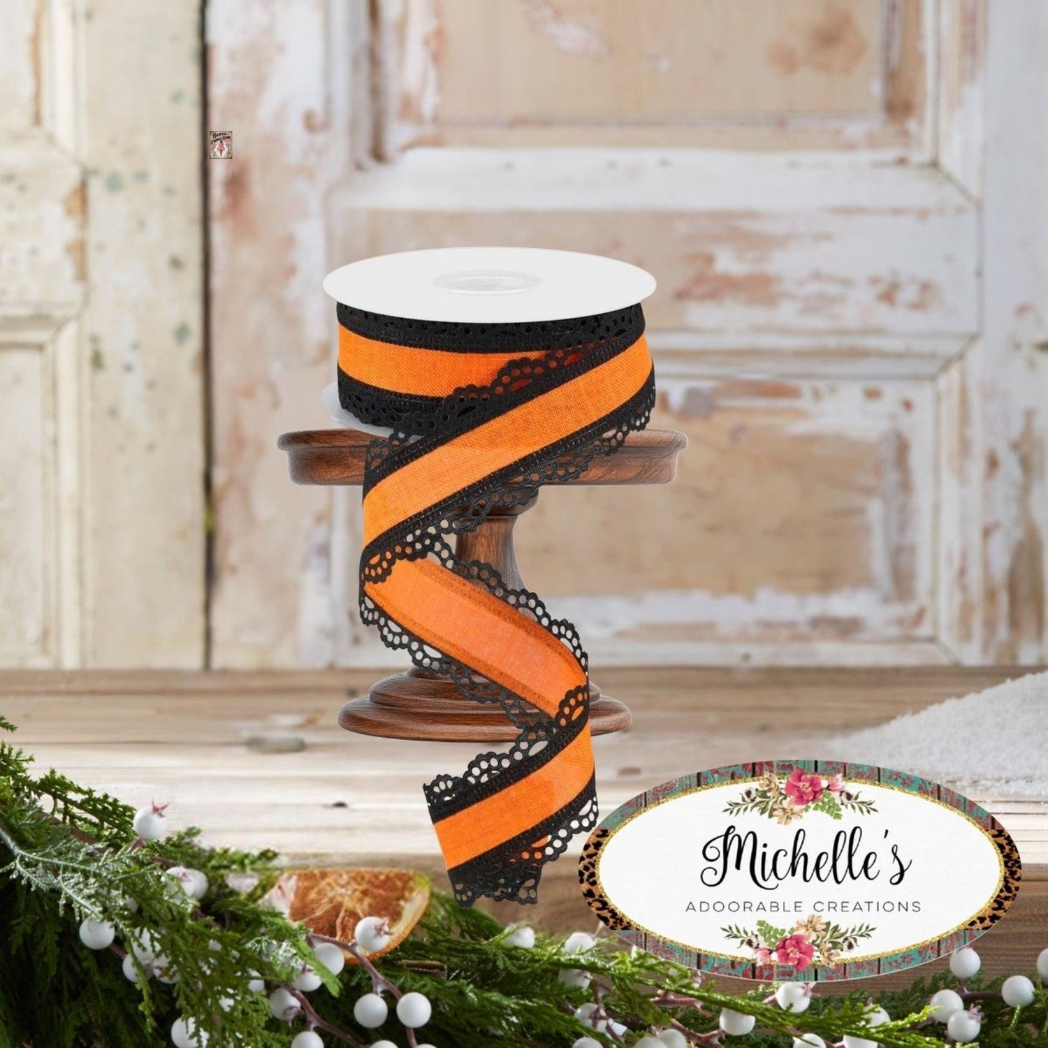 1.5" Scalloped Edge Ribbon: Orange/Black (10 Yard)