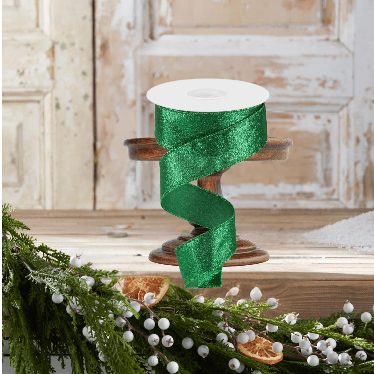 1.5" Shimmer Glitter Ribbon: Emerald Green (10 Yards)