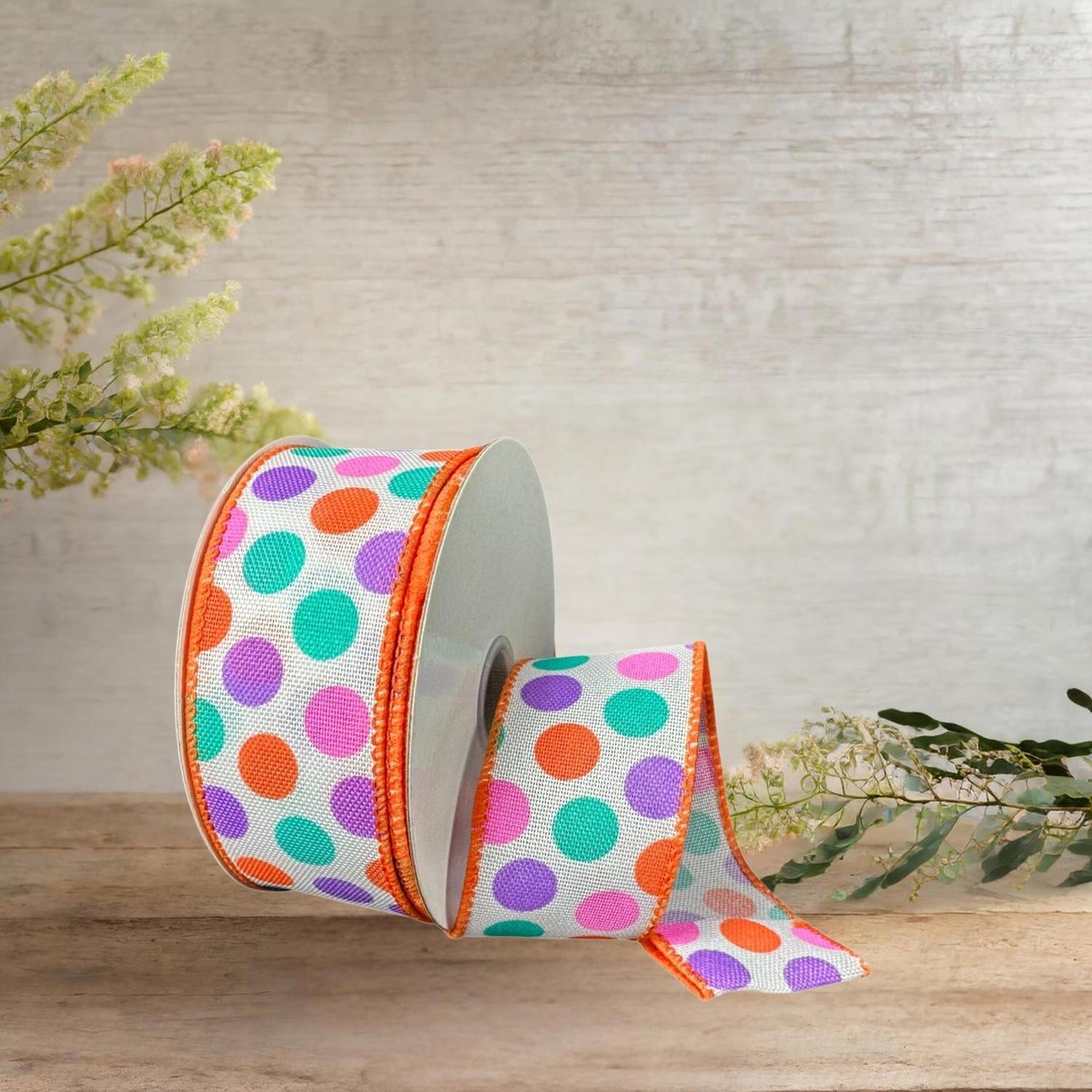 1.5" Stiff Linen Polka Dot Ribbon: Multi (10 Yards)