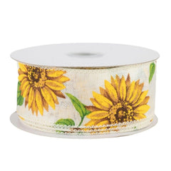 1.5" Sunflowers Linen Ribbon: Ivory (10 Yards)