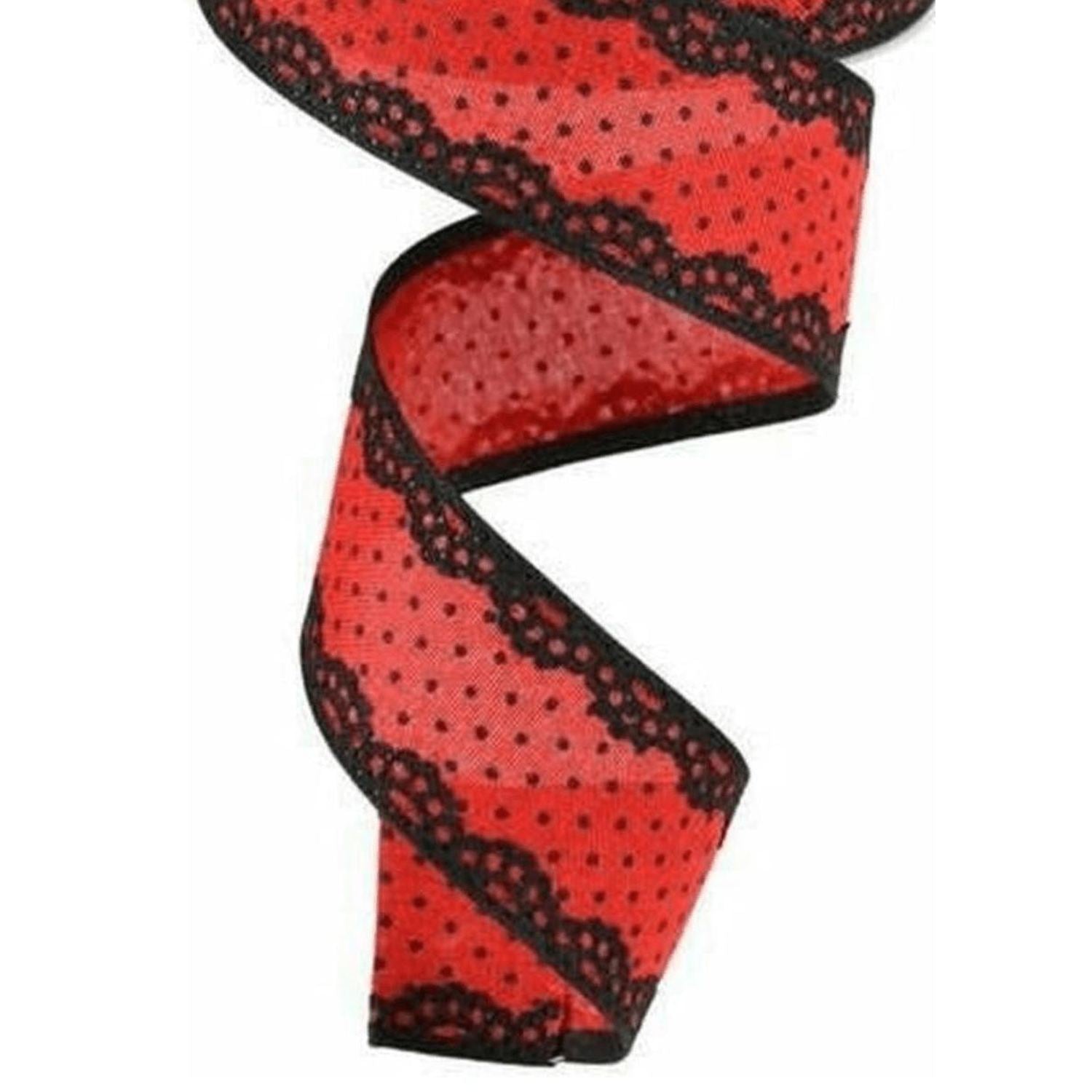 1.5" Swiss Dots Lace Edge Ribbon: Red (10 Yards)
