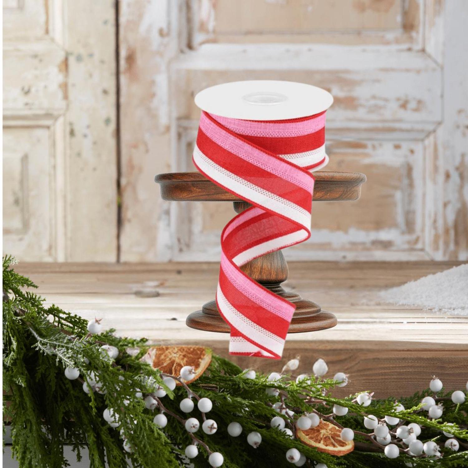 1.5" Tricolor Striped Ribbon: White, Pink, and Red (10 Yards)