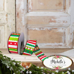 1.5" Whimsy Stripe Ribbon: Lime, Red, White (10 Yards)