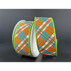 1.5" White Satin Busy Plaid Ribbon: Teal, Lime and Orange (10 Yards)