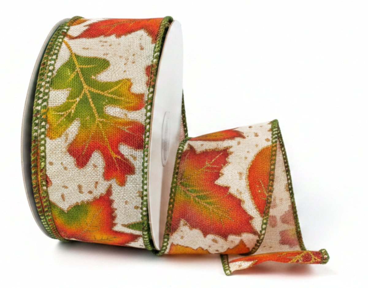 1.5in Autumn Falling Leaves Ribbon: Ivory (10 Yards)