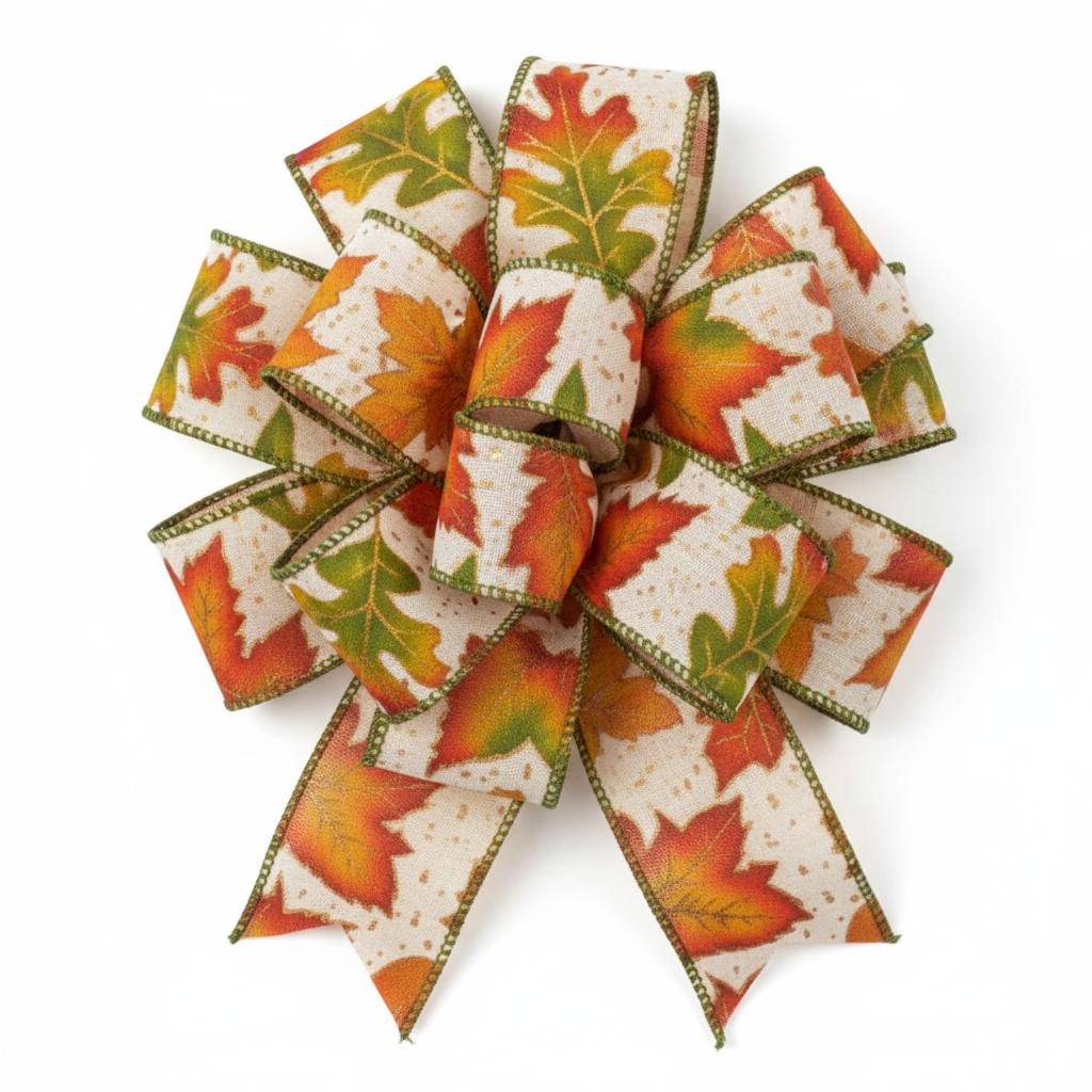1.5in Autumn Falling Leaves Ribbon: Ivory (10 Yards)
