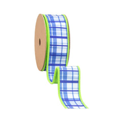 1.5in Blue and White Plaid with Lime Green Backing Ribbon (10 Yards)