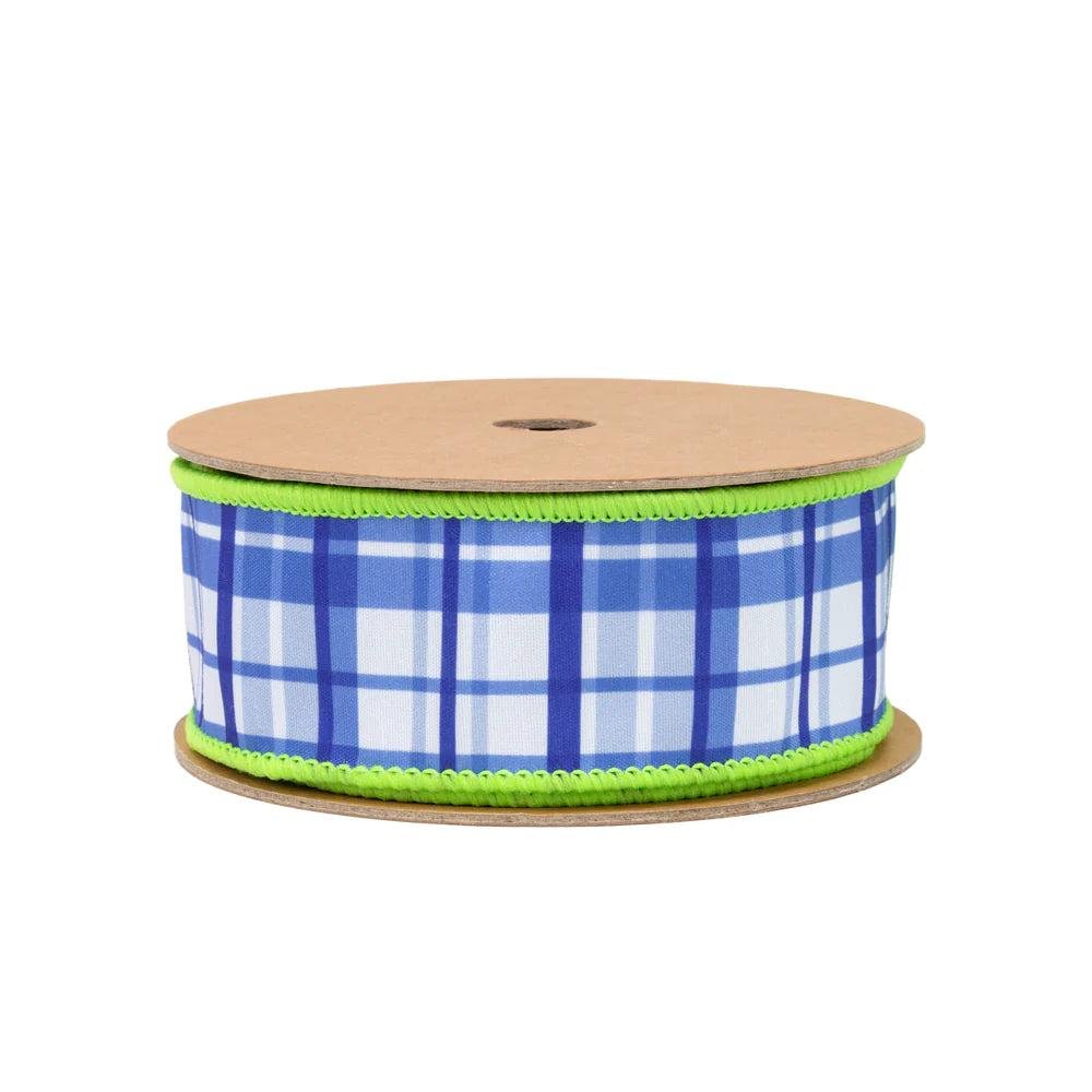 1.5in Blue and White Plaid with Lime Green Backing Ribbon (10 Yards)