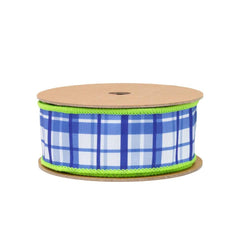 1.5in Blue and White Plaid with Lime Green Backing Ribbon (10 Yards)