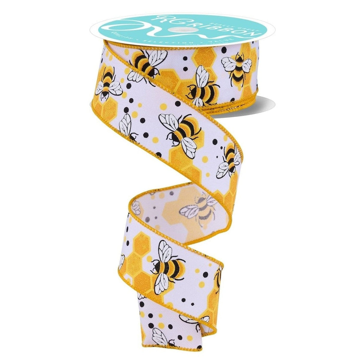 1.5in Bumblebees Honeycomb Ribbon: White (10 Yards)